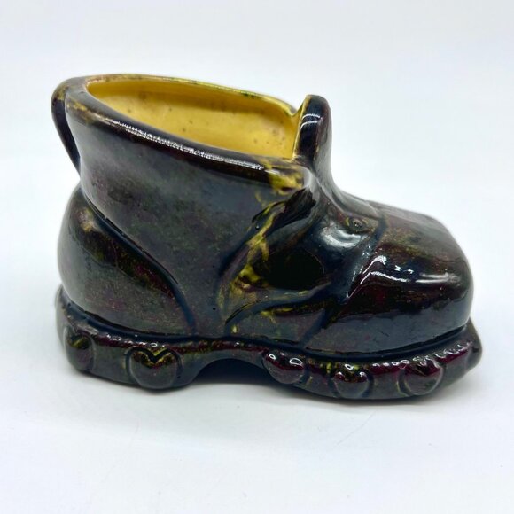 Vintage Mid Century Glazed Ceramic Boot Shoe Planter Vase Catchall Brown Yellow - Picture 1 of 9